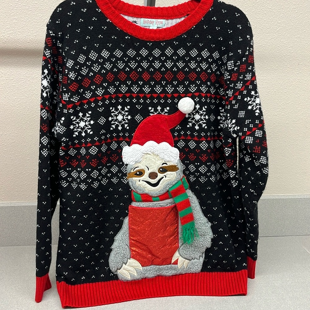 Sloth ugly sweater 
Christmas sweater 
Holiday hype 
Size large